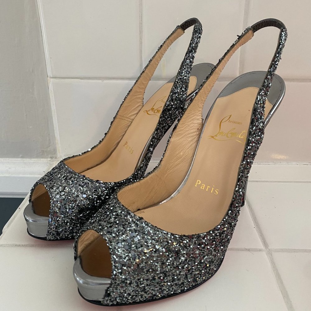 Christian Louboutin Silver Sequin Slingbacks